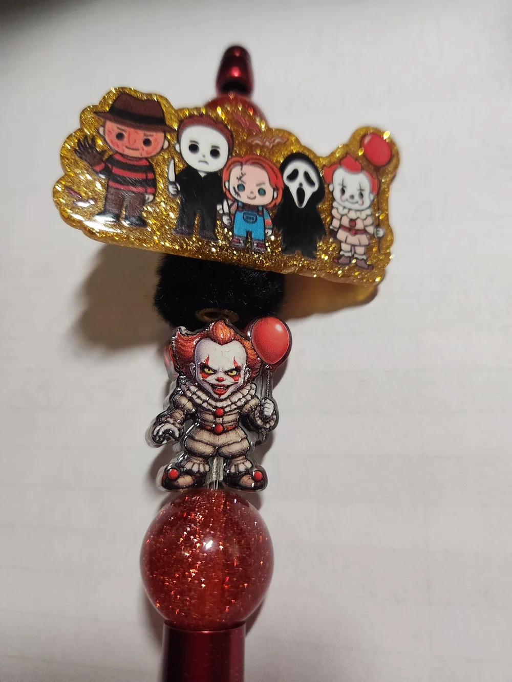 Horror Character Pen - Red Glitter Balloon Clown Design